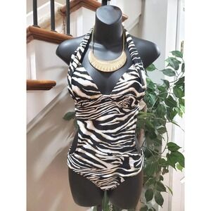 Apollo Womens Black White Nylon Halter Neck Sleeveless 1 Piece Swimsuit Size XL